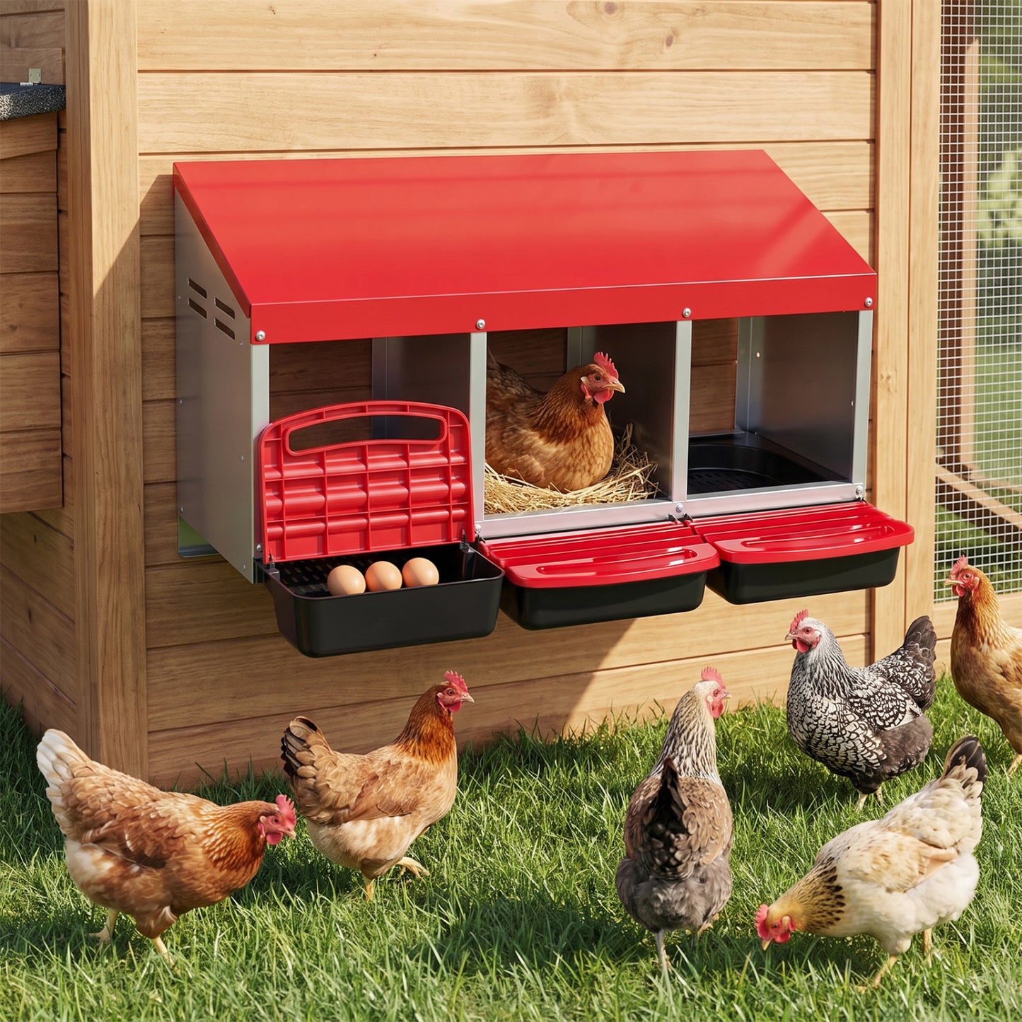 3-Compartment Metal Chicken Nesting Box, Red