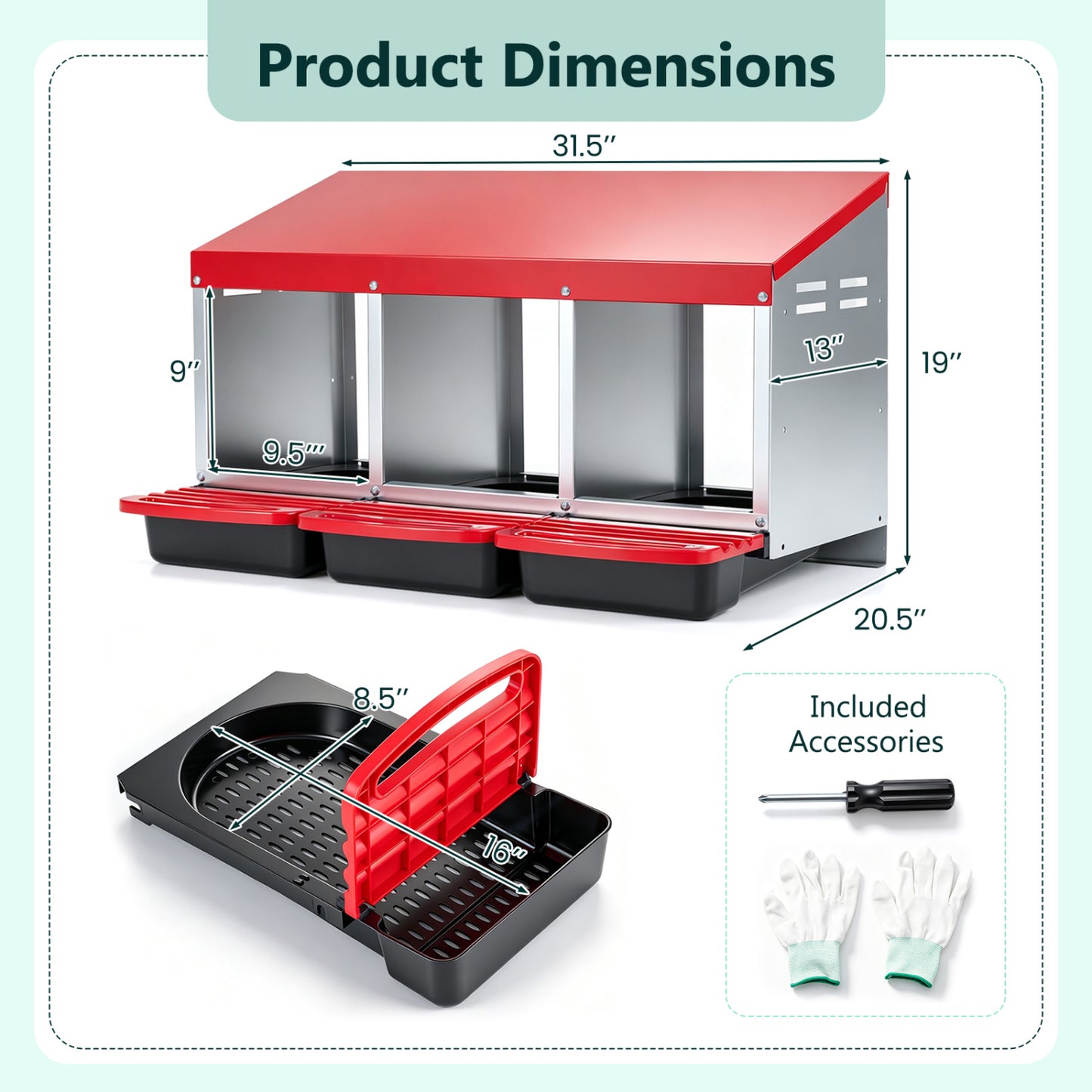 3-Compartment Metal Chicken Nesting Box, Red