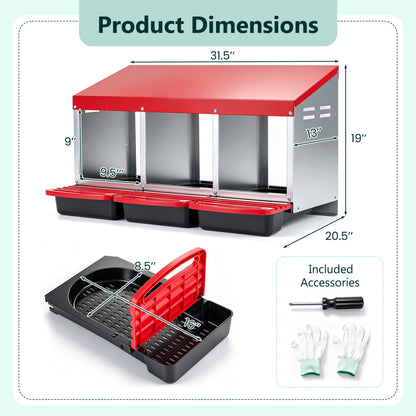 3-Compartment Metal Chicken Nesting Box, Red
