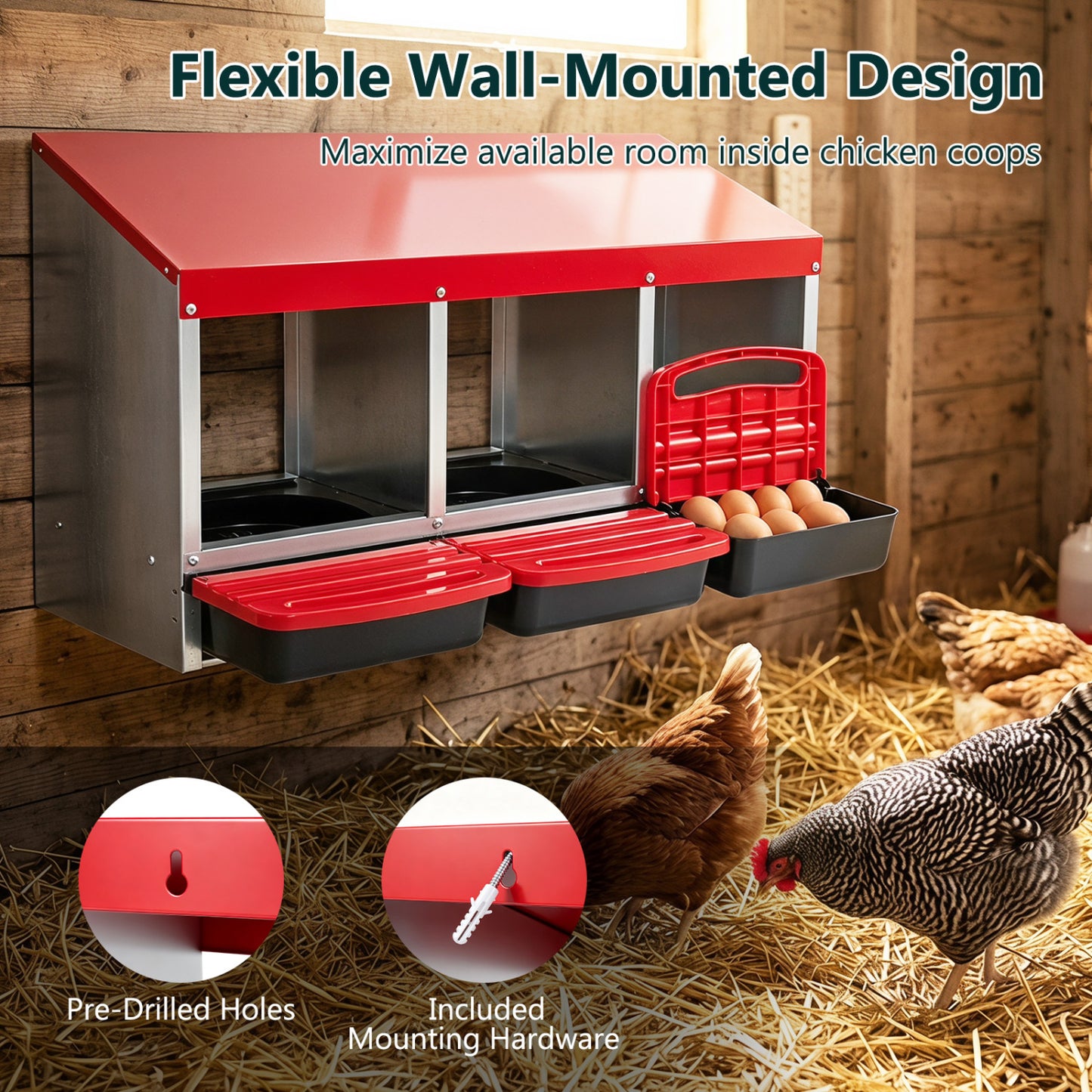 3-Compartment Metal Chicken Nesting Box, Red