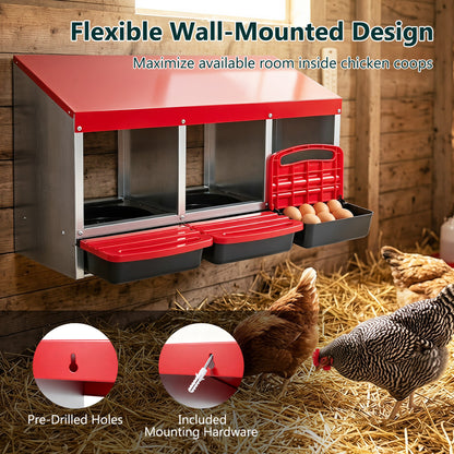 3-Compartment Metal Chicken Nesting Box, Red