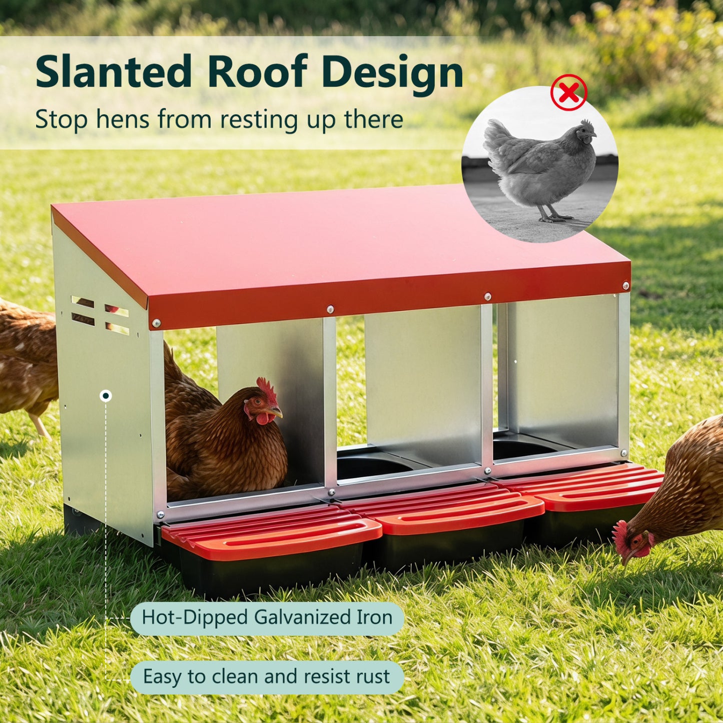 3-Compartment Metal Chicken Nesting Box, Red