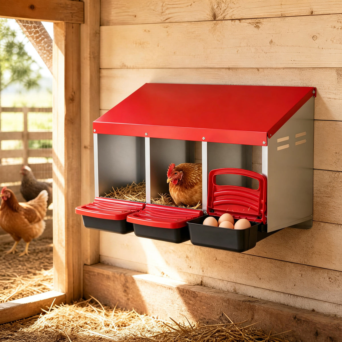 3-Compartment Roll Away Chicken Nesting Box, Red