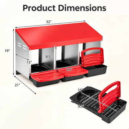 3-Compartment Roll Away Chicken Nesting Box, Red