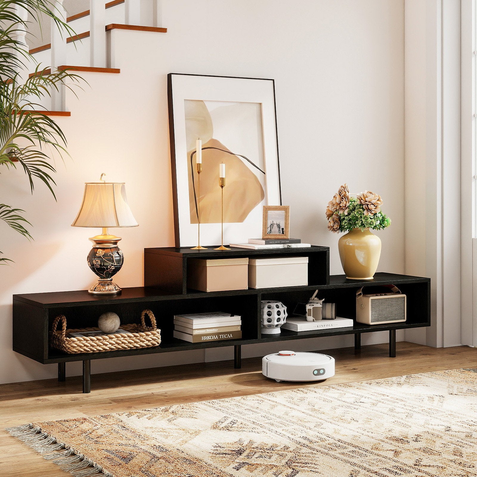 3 Cubby TV Stand for TVs up to 70 Inch Entertainment Center with Open Storage Compartments, Black Entertainment Centers & TV Stands at Gallery Canada