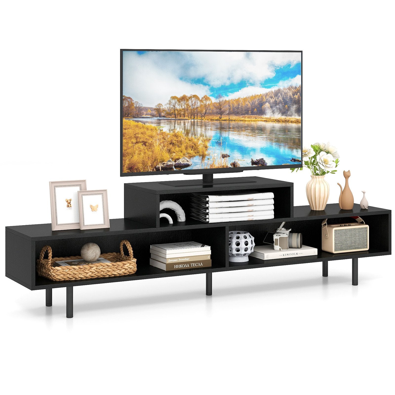 3 Cubby TV Stand for TVs up to 70 Inch Entertainment Center with Open Storage Compartments, Black