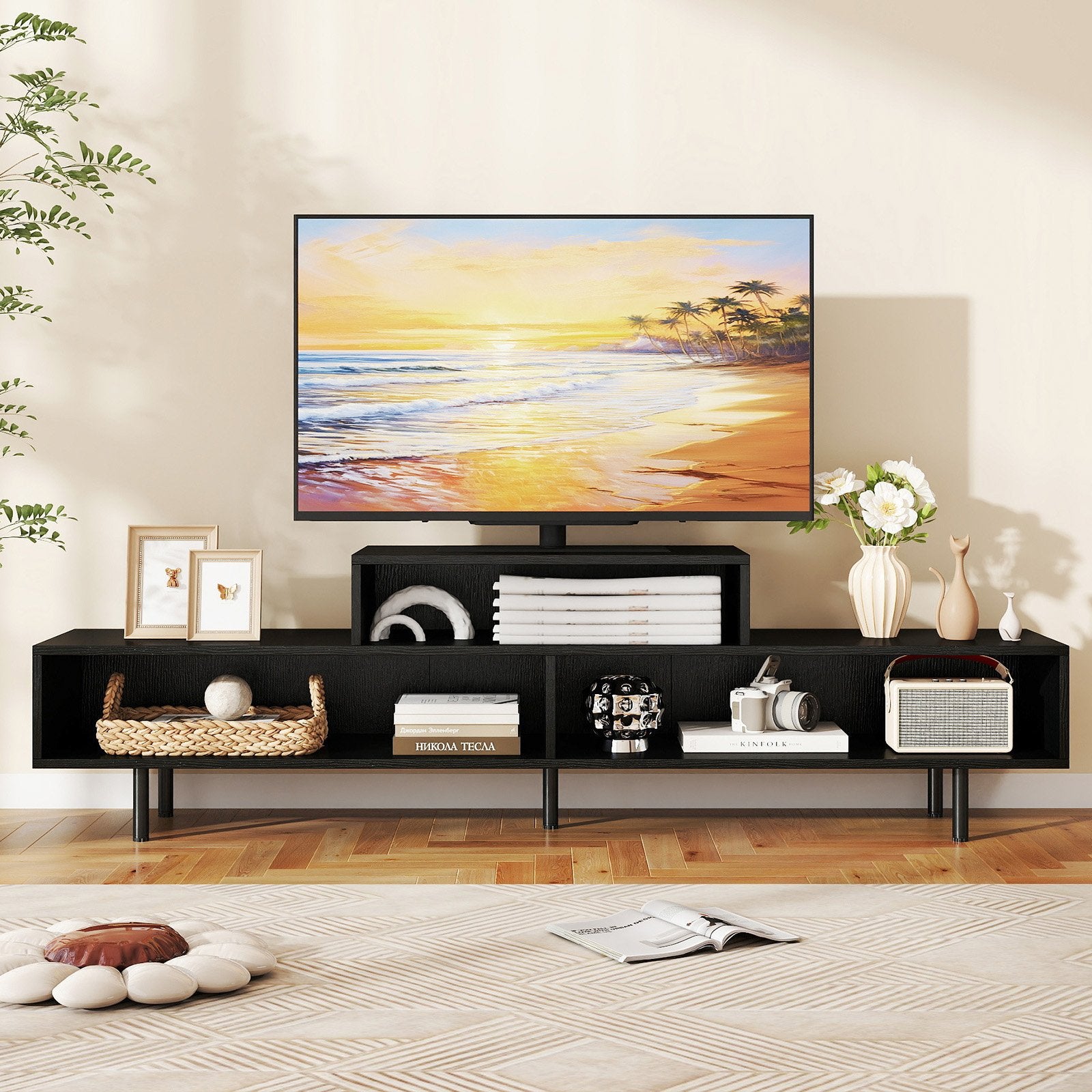 3 Cubby TV Stand for TVs up to 70 Inch Entertainment Center with Open Storage Compartments, Black Entertainment Centers & TV Stands at Gallery Canada