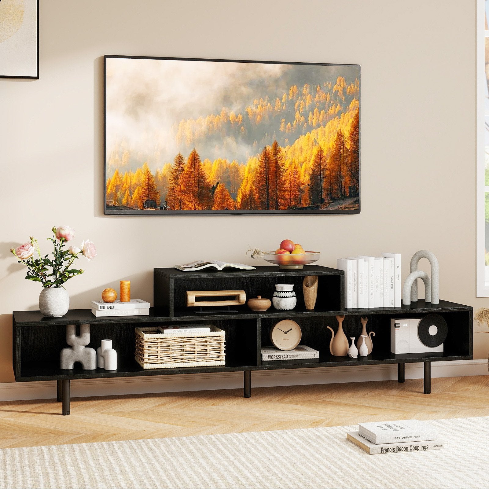 3 Cubby TV Stand for TVs up to 70 Inch Entertainment Center with Open Storage Compartments, Black Entertainment Centers & TV Stands at Gallery Canada