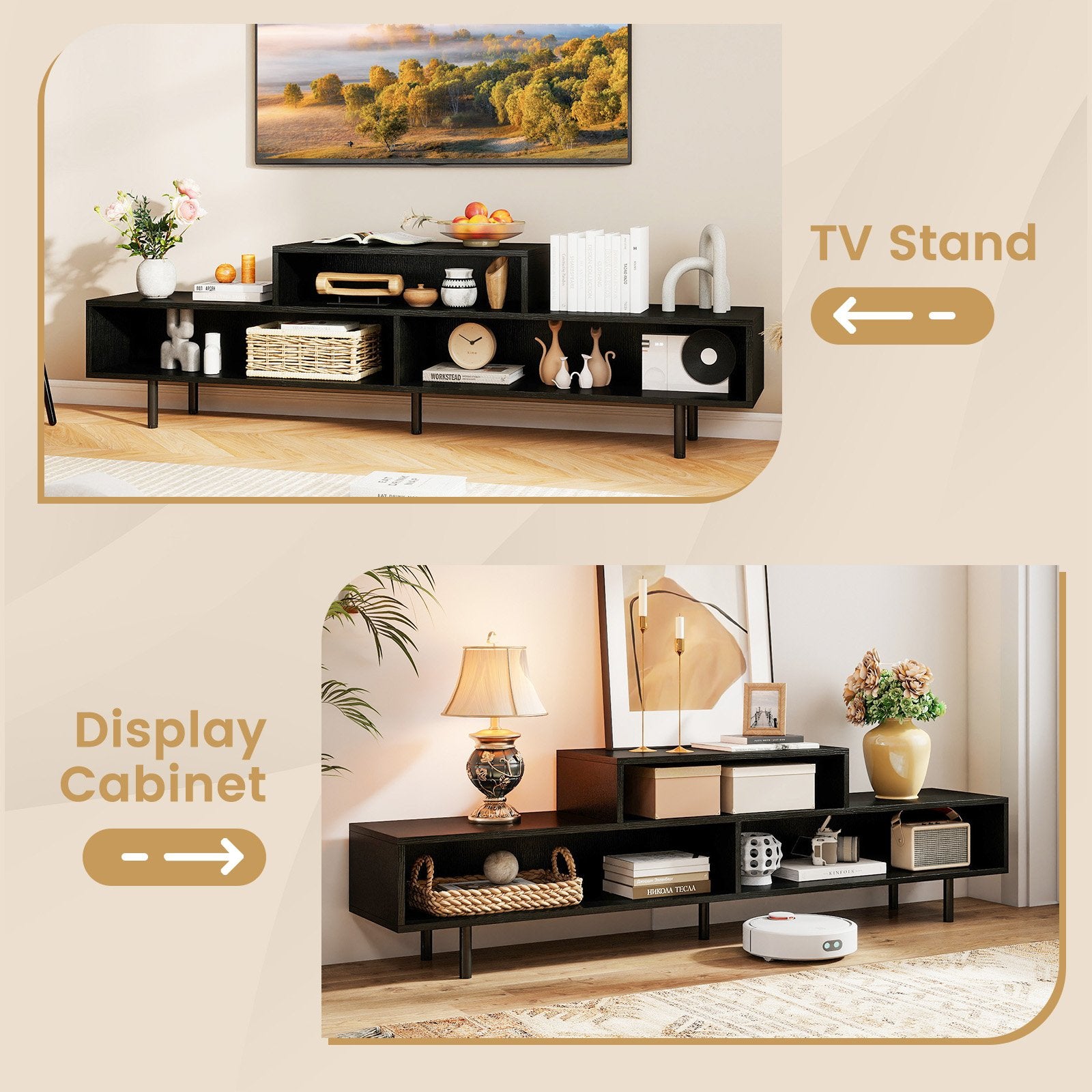 3 Cubby TV Stand for TVs up to 70 Inch Entertainment Center with Open Storage Compartments, Black Entertainment Centers & TV Stands at Gallery Canada
