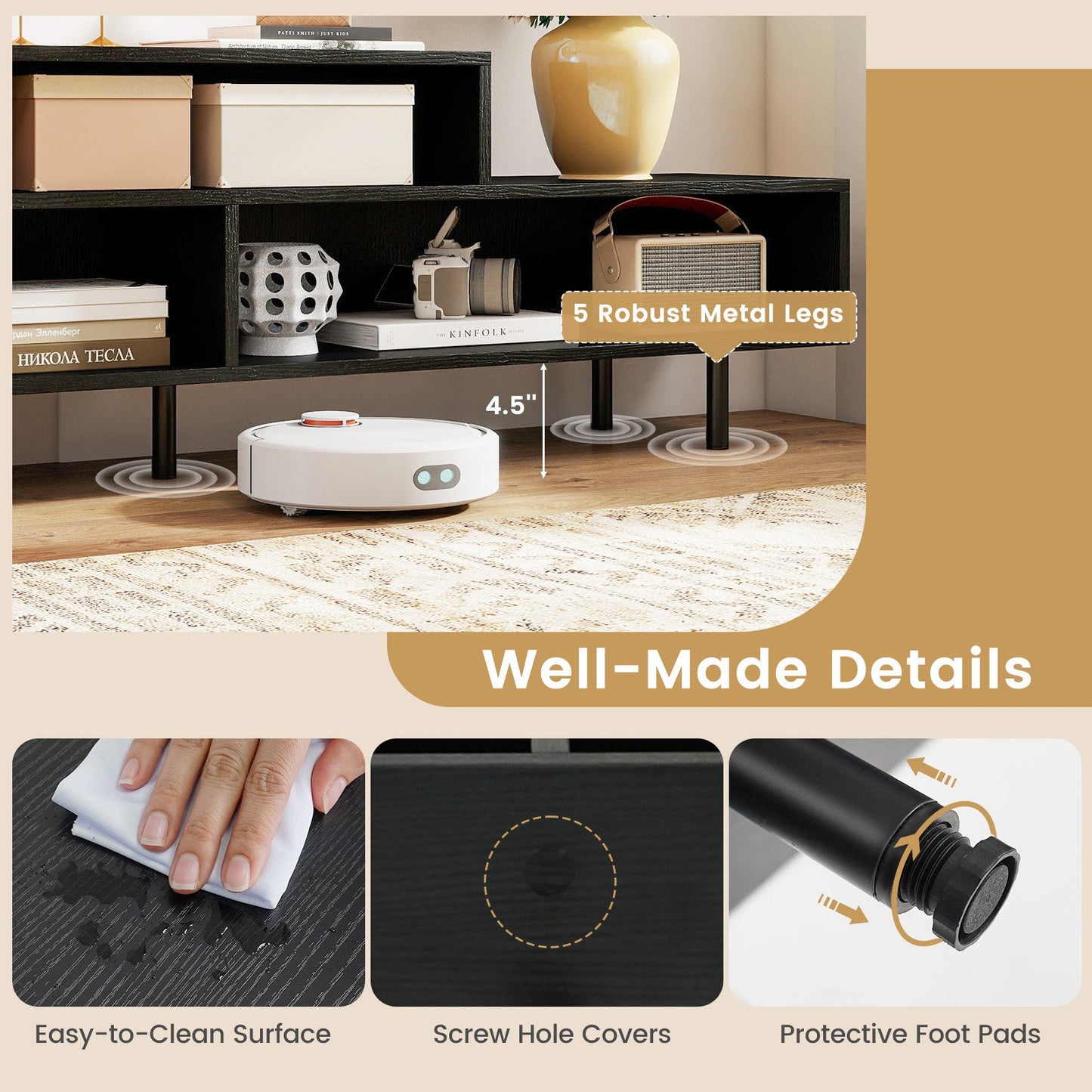 3 Cubby TV Stand for TVs up to 70 Inch Entertainment Center with Open Storage Compartments, Black Entertainment Centers & TV Stands at Gallery Canada