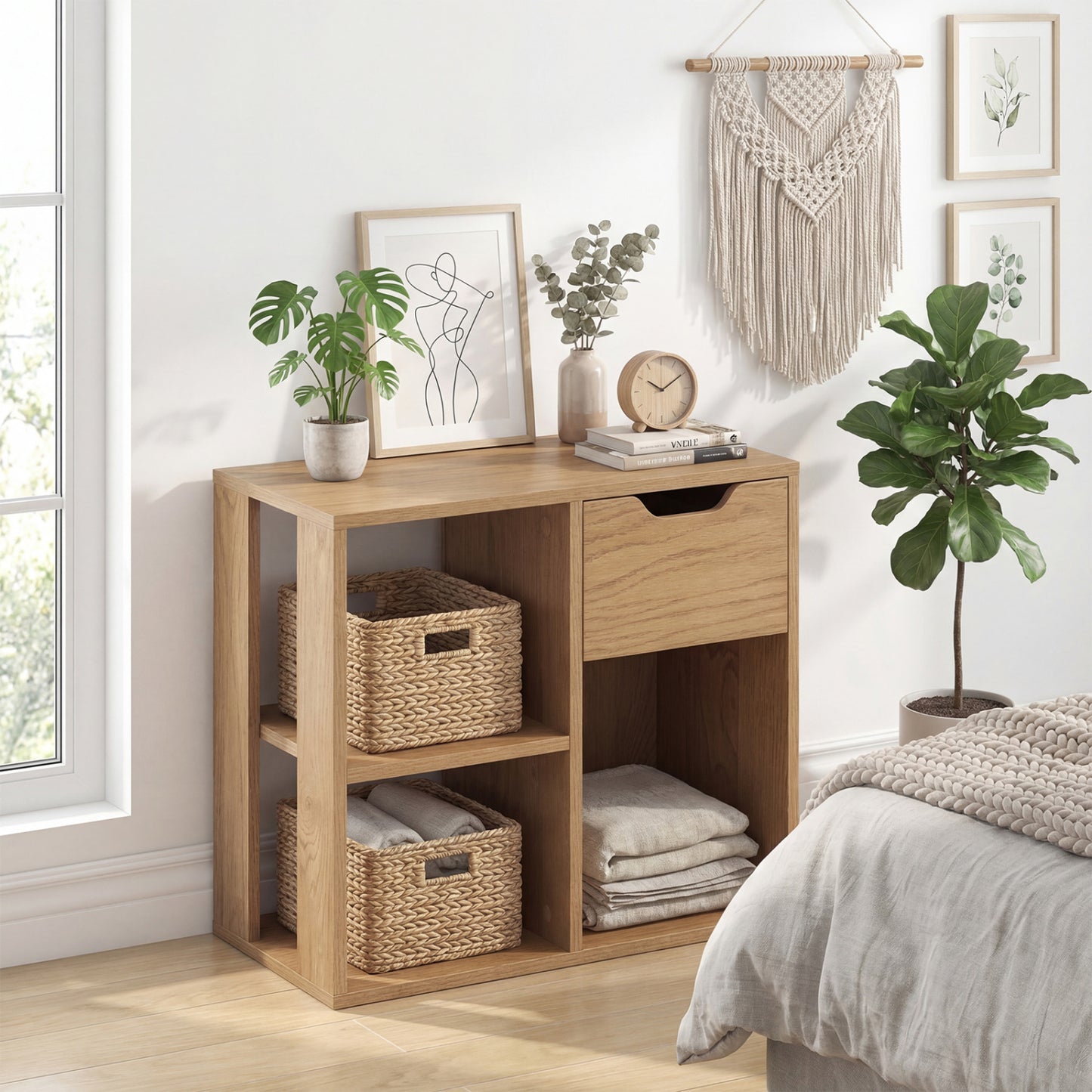 3-Cube Bookcase 2-Tier Wooden Shelf with Drawer, Natural Bookcases at Gallery Canada