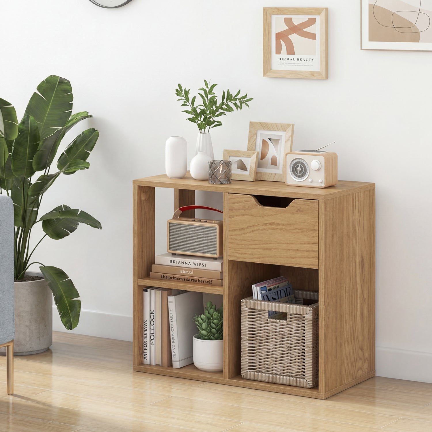 3-Cube Bookcase 2-Tier Wooden Shelf with Drawer, Natural Bookcases at Gallery Canada