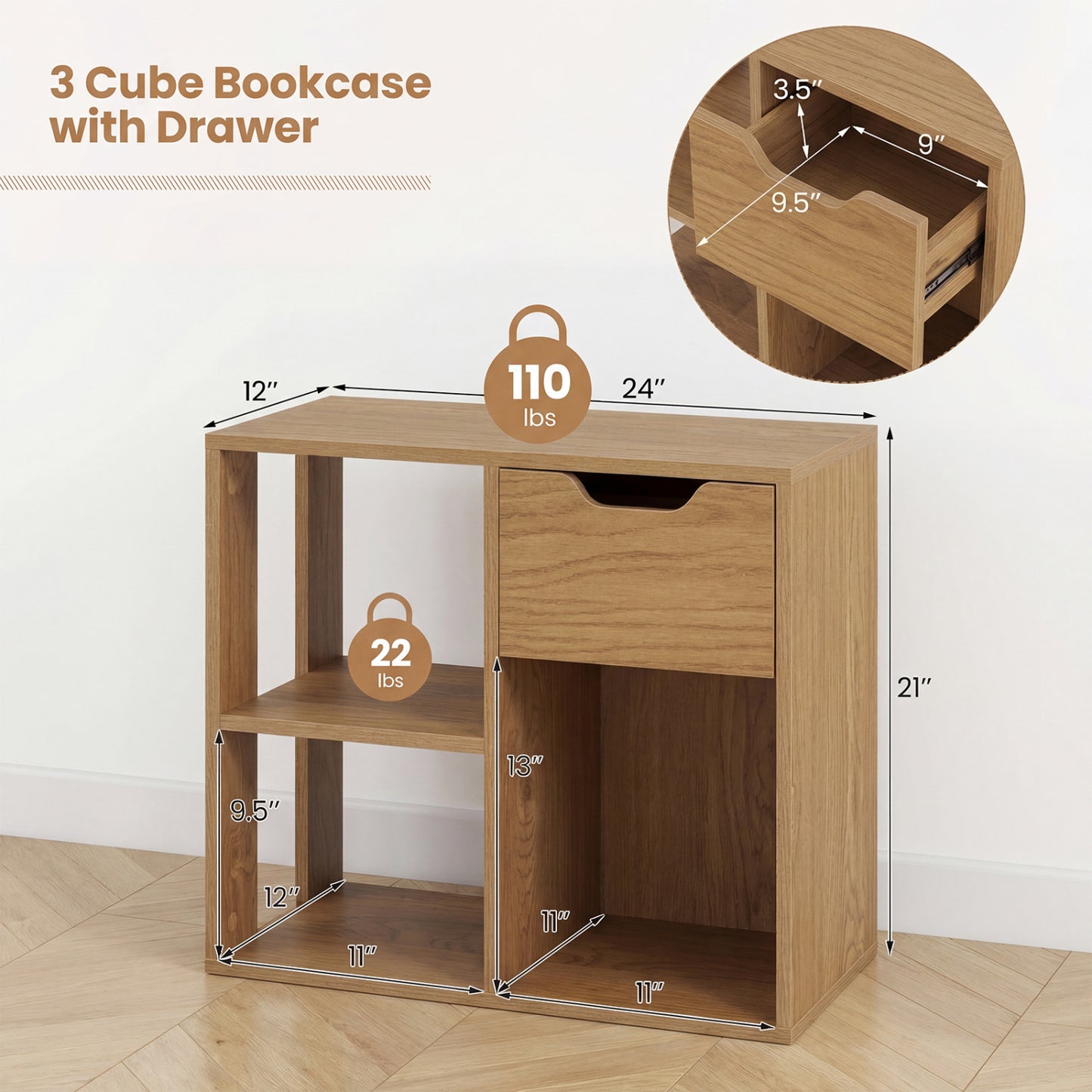 3-Cube Bookcase 2-Tier Wooden Shelf with Drawer, Natural Bookcases at Gallery Canada