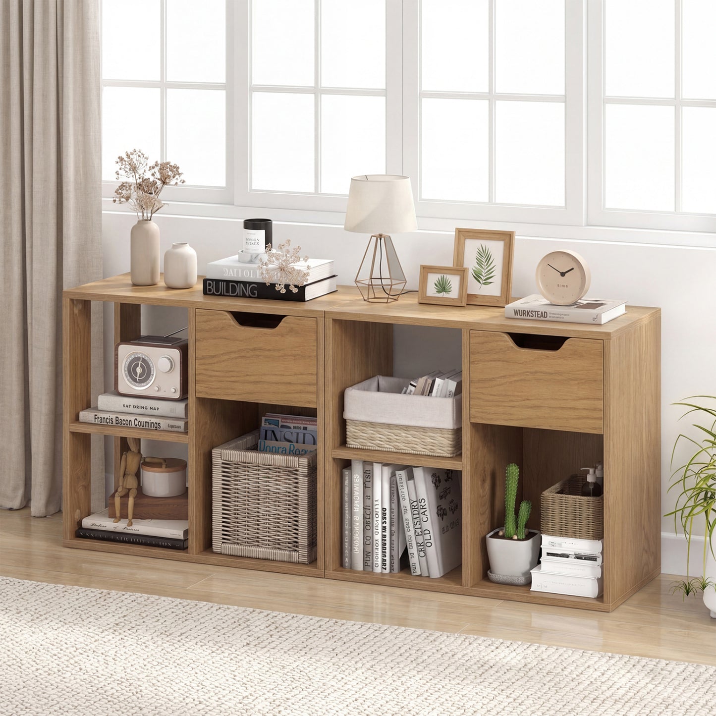 3-Cube Bookcase 2-Tier Wooden Shelf with Drawer, Natural Bookcases at Gallery Canada