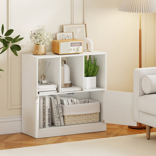 3-Cube Bookcase with Doors 3-Tier Cubic Bookshelf with Open Compartments and Cabinet, White