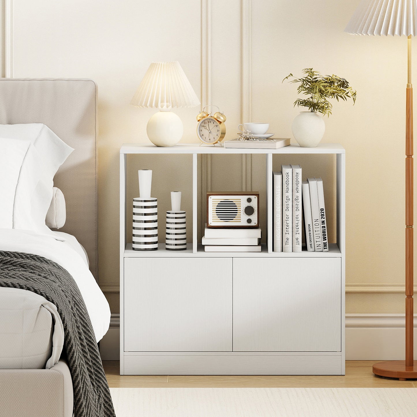 3-Cube Bookcase with Doors 3-Tier Cubic Bookshelf with Open Compartments and Cabinet, White Bookcases at Gallery Canada