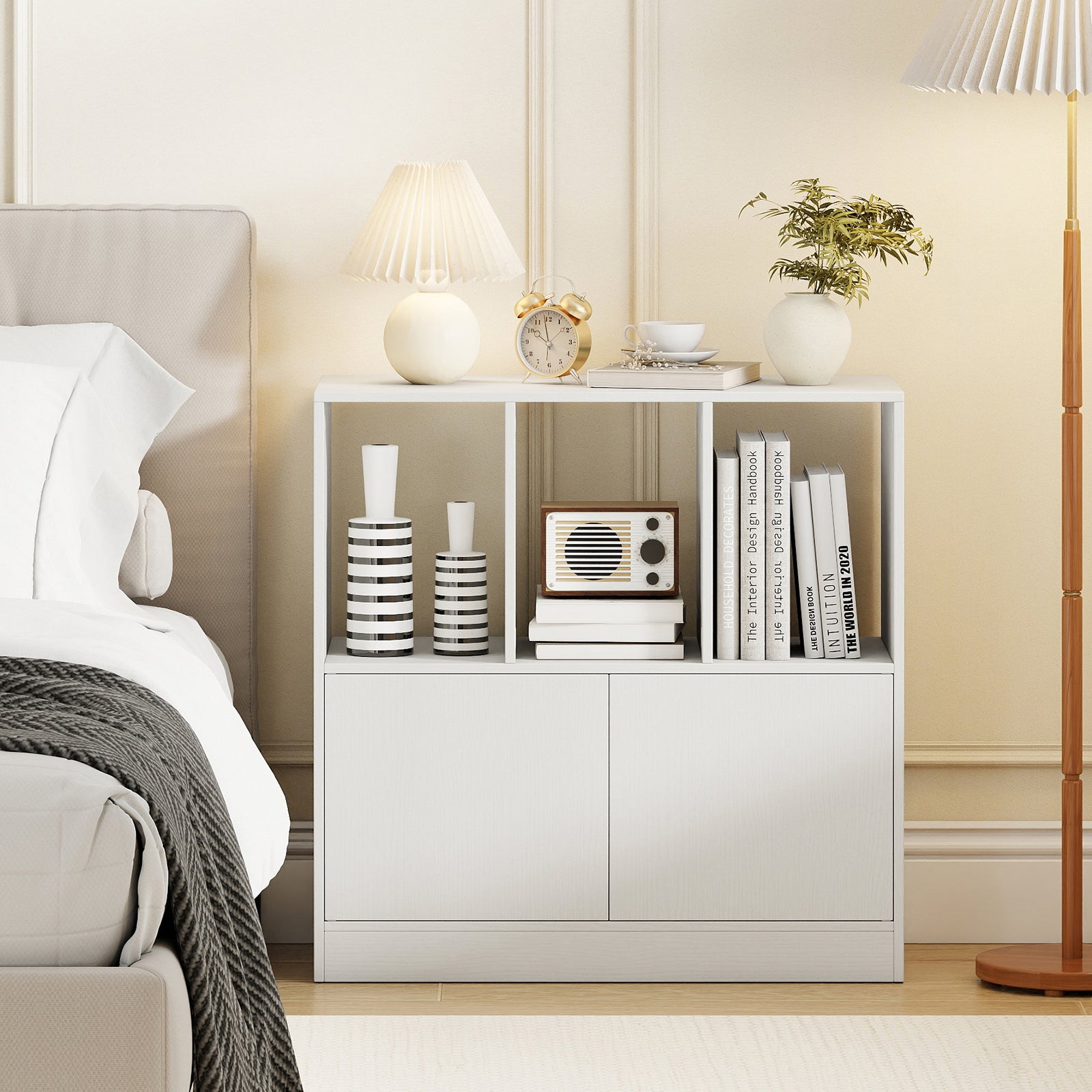 3-Cube Bookcase with Doors 3-Tier Cubic Bookshelf with Open Compartments and Cabinet, White Bookcases at Gallery Canada