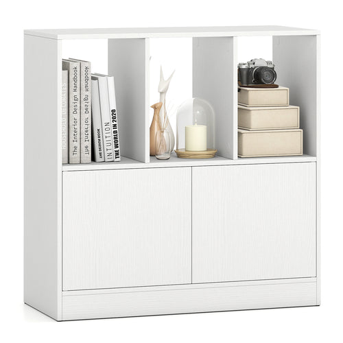 3-Cube Bookcase with Doors 3-Tier Cubic Bookshelf with Open Compartments and Cabinet, White