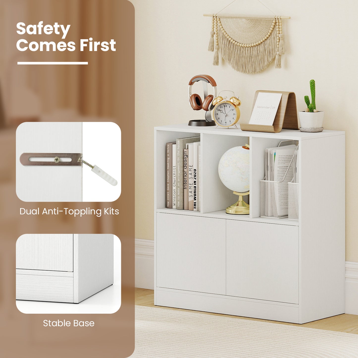 3-Cube Bookcase with Doors 3-Tier Cubic Bookshelf with Open Compartments and Cabinet, White Bookcases at Gallery Canada