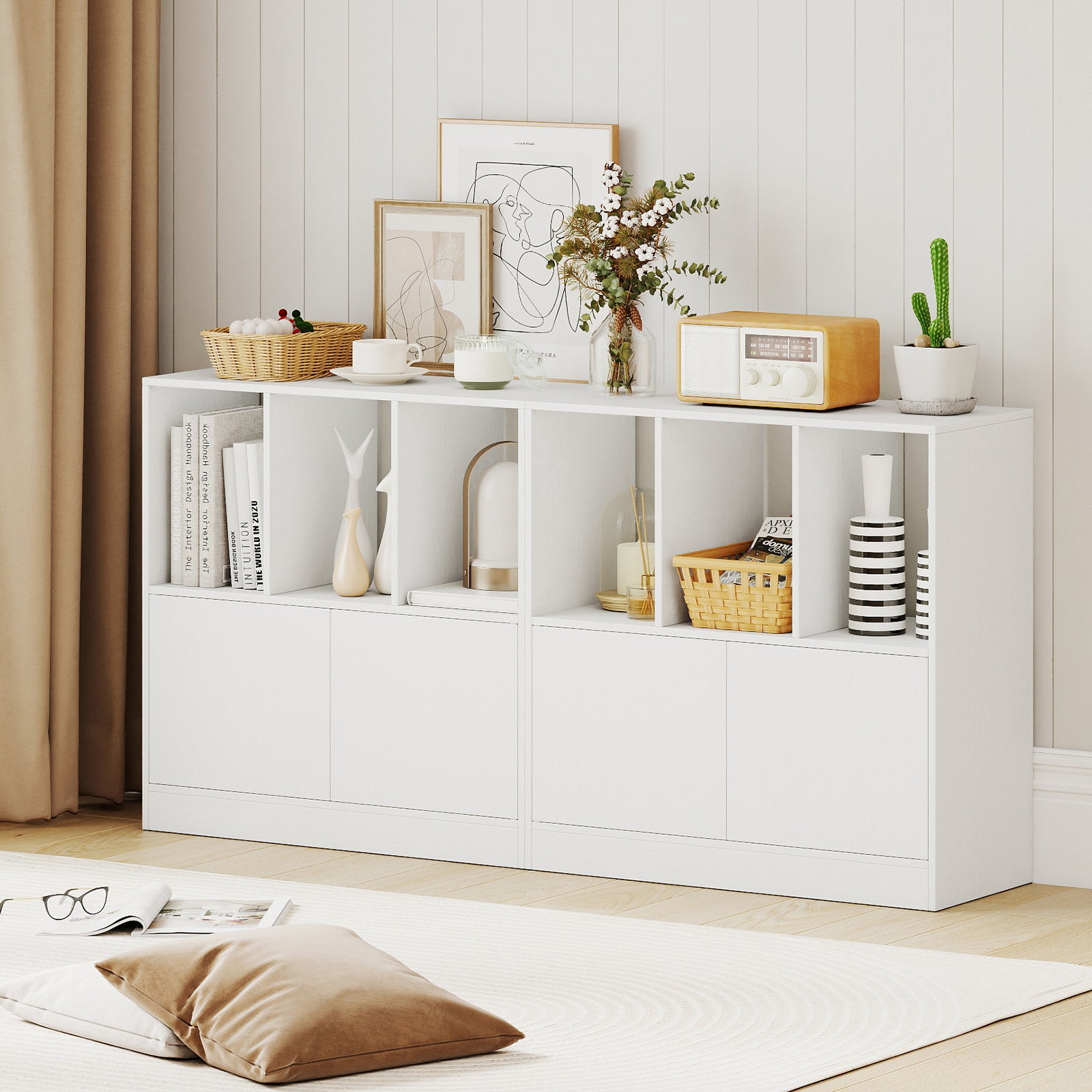 3-Cube Bookcase with Doors 3-Tier Cubic Bookshelf with Open Compartments and Cabinet, White Bookcases at Gallery Canada