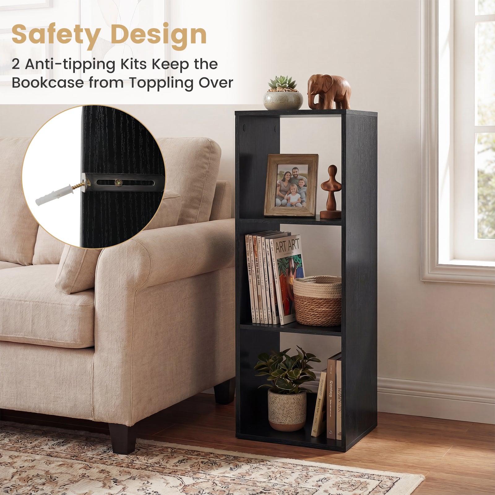 3 Cube Bookshelf with Back Guardrail for Living Room Bedroom, Black Bookcases at Gallery Canada
