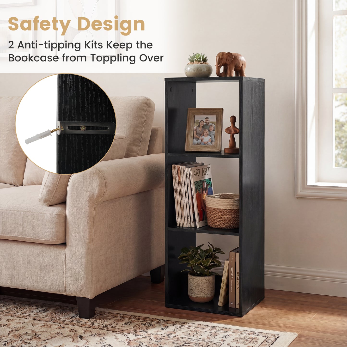 3 Cube Bookshelf with Back Guardrail for Living Room Bedroom, Black Bookcases at Gallery Canada