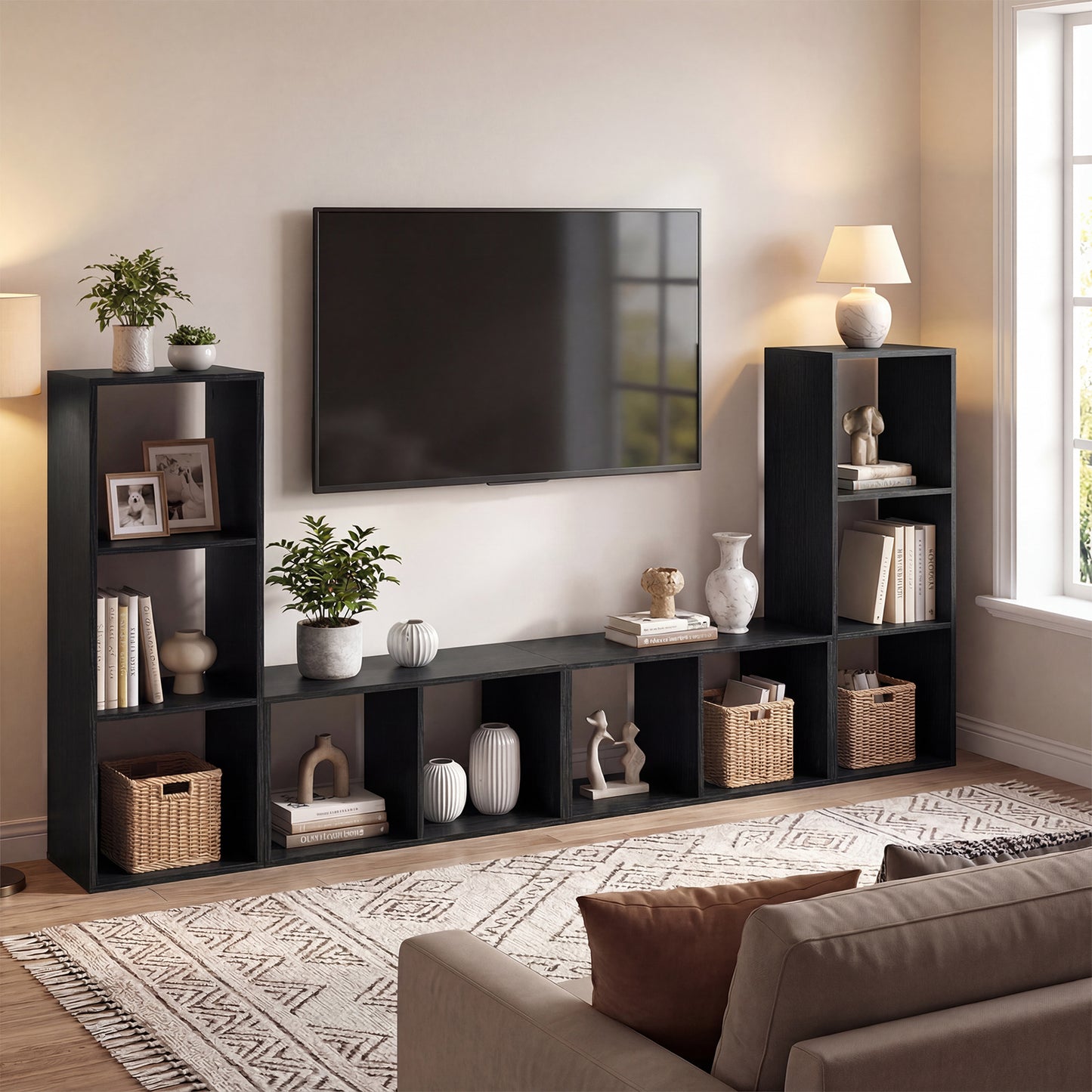 3 Cube Bookshelf with Back Guardrail for Living Room Bedroom, Black Bookcases at Gallery Canada