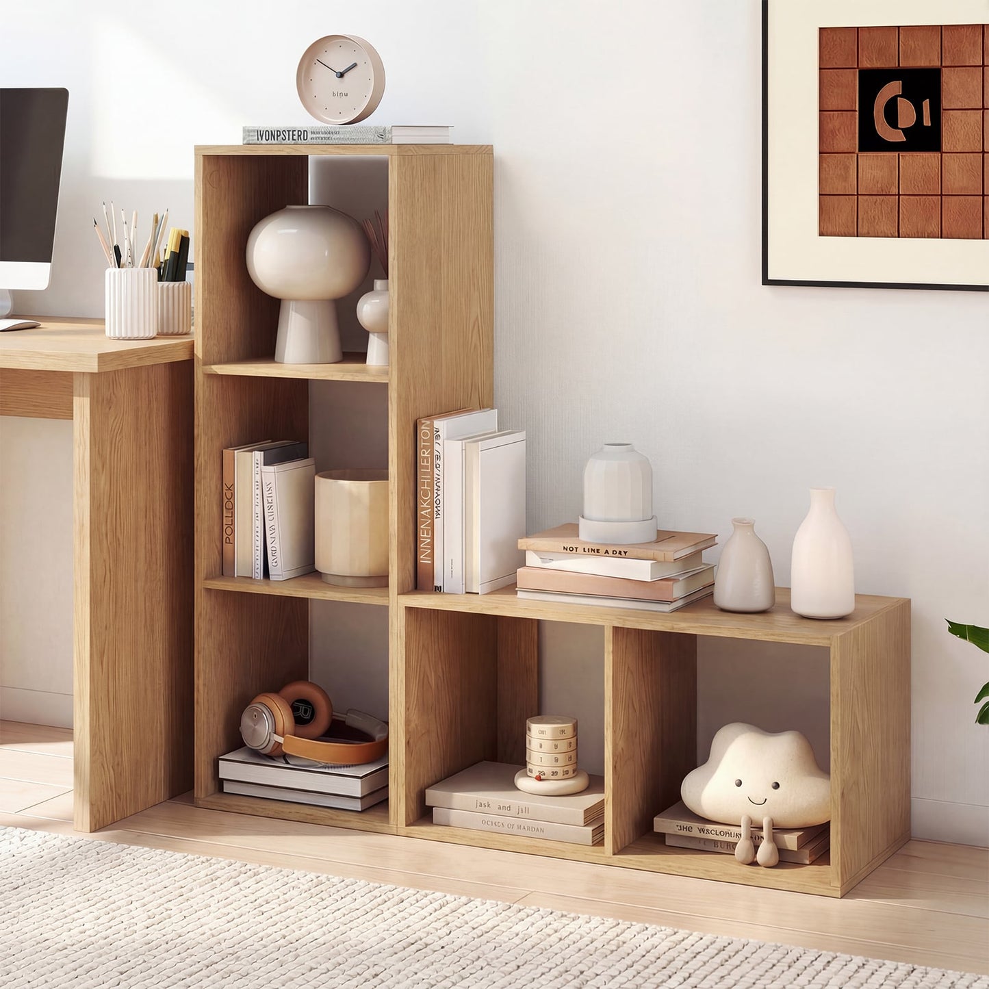 3 Cube Bookshelf, With Back Guardrail, Natural