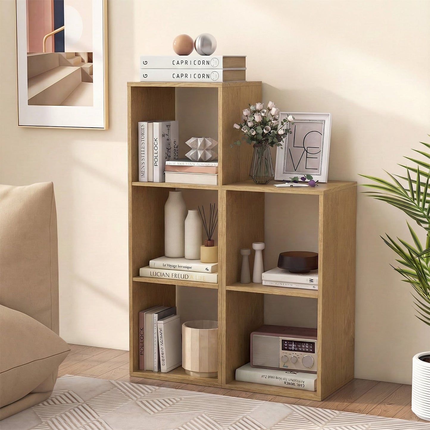 3 Cube Bookshelf, With Back Guardrail, Natural