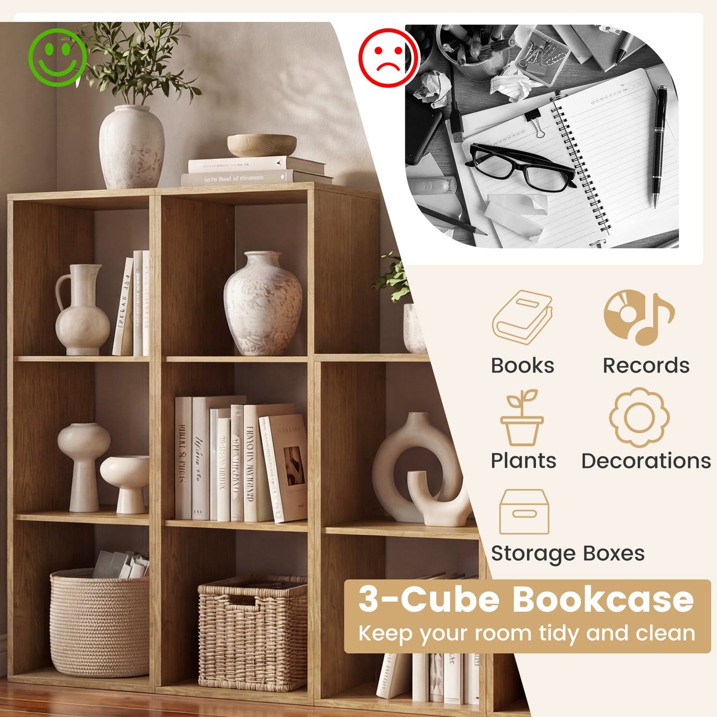 3 Cube Bookshelf, With Back Guardrail, Natural