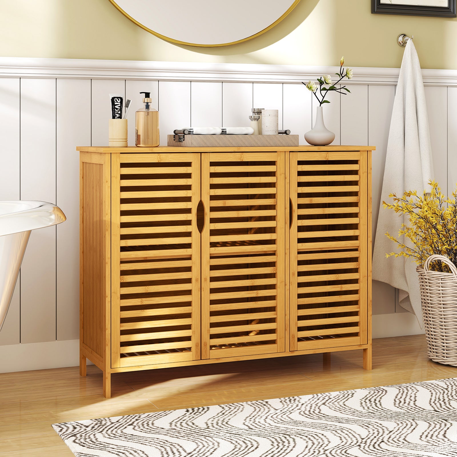3-Door Bamboo Bathroom Cabinet with Shelves, Natural Floor Cabinets at Gallery Canada