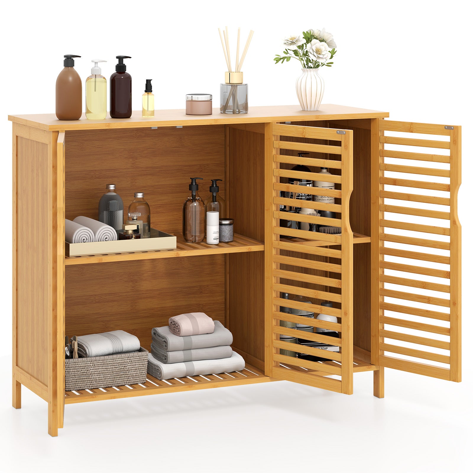 3-Door Bamboo Bathroom Cabinet with Shelves, Natural Floor Cabinets at Gallery Canada