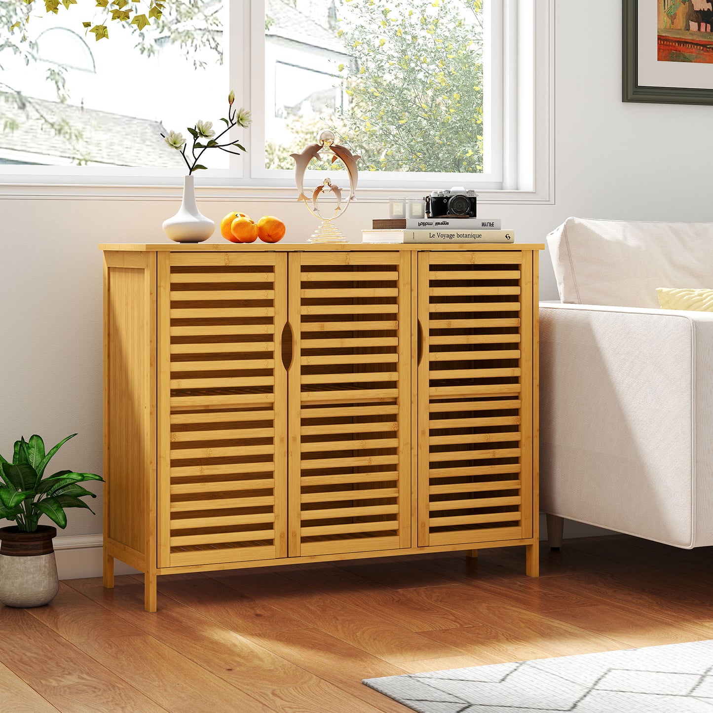 3-Door Bamboo Bathroom Cabinet with Shelves, Natural Floor Cabinets at Gallery Canada