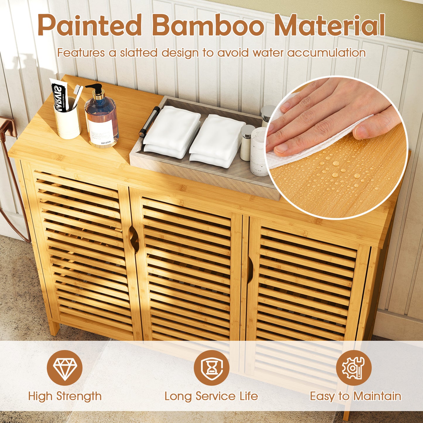 3-Door Bamboo Bathroom Cabinet with Shelves, Natural Floor Cabinets at Gallery Canada