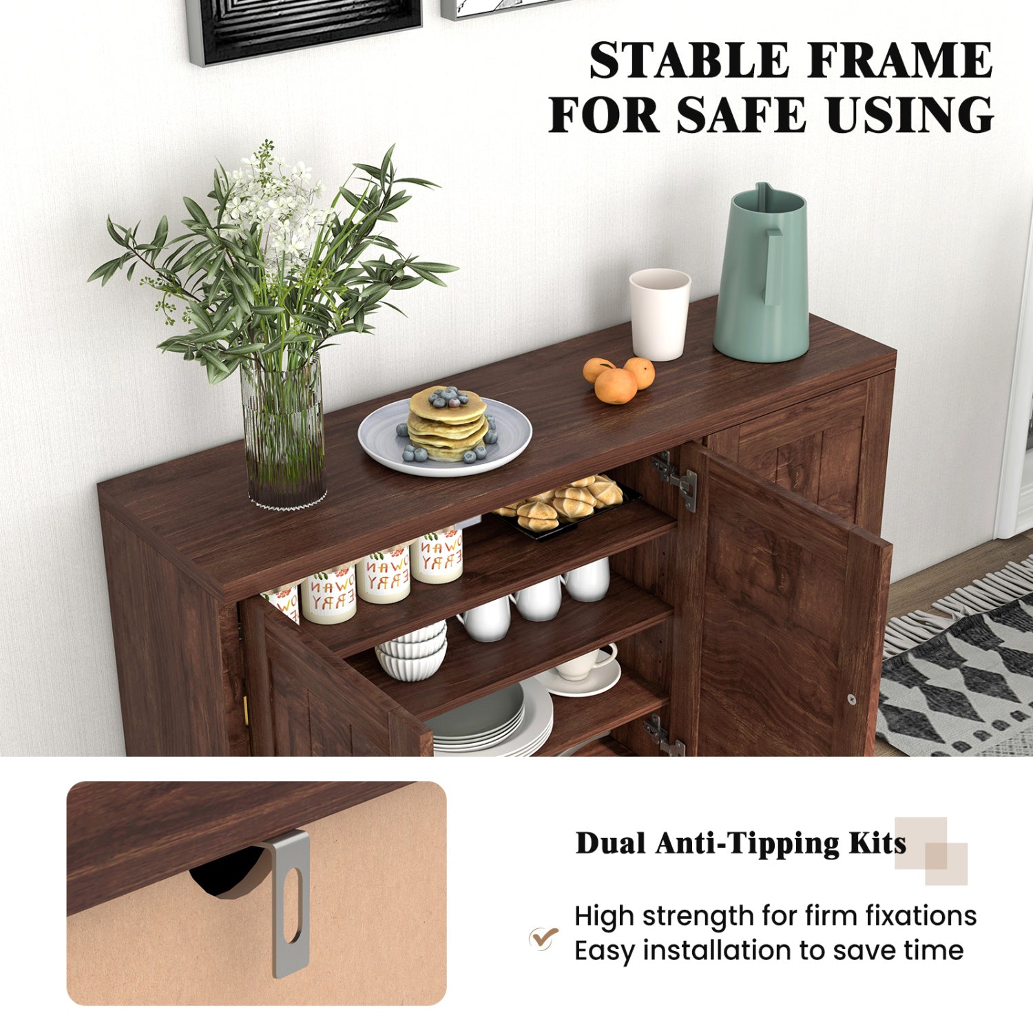 3-Door Buffet Sideboard, Adjustable Shelves, Anti-Tipping Kit, Brown Sideboards Cabinets & Buffets at Gallery Canada