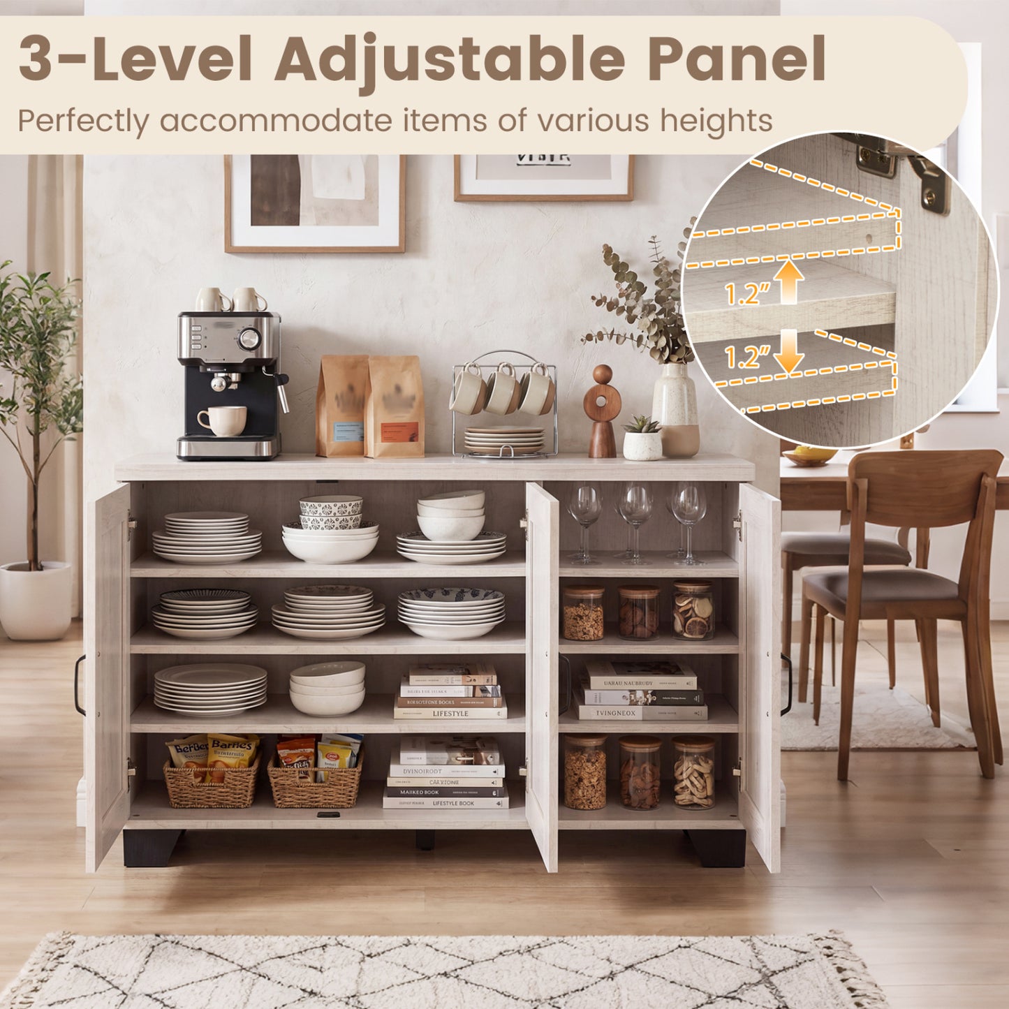 3-Door Buffet Sideboard, Adjustable Shelves, Anti-Tipping Kits, White Wash, White Sideboards Cabinets & Buffets at Gallery Canada
