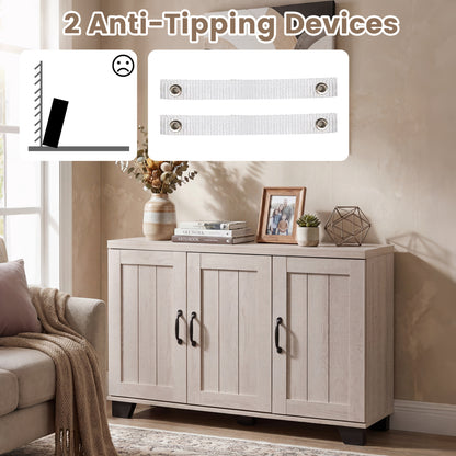 3-Door Buffet Sideboard, Adjustable Shelves, Anti-Tipping Kits, White Wash, White Sideboards Cabinets & Buffets at Gallery Canada