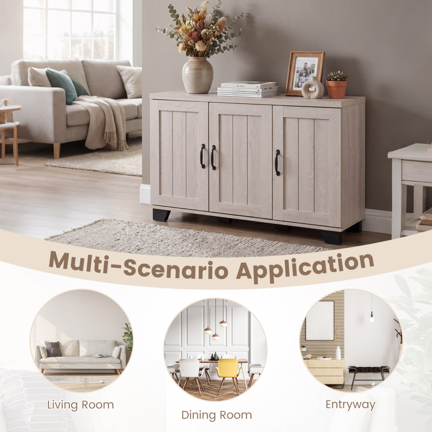 3-Door Buffet Sideboard, Adjustable Shelves, Anti-Tipping Kits, White Wash, White Sideboards Cabinets & Buffets at Gallery Canada