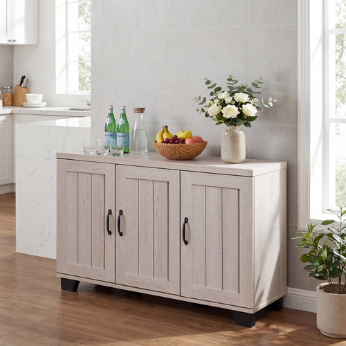 3-Door Buffet Sideboard, Adjustable Shelves, Anti-Tipping Kits, White Wash, White