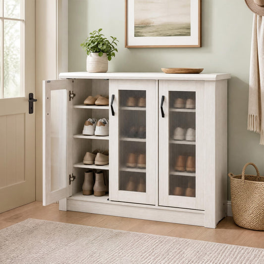 3-Door Shoe Cabinet, Removable Shelves, Wooden Organizer, White Shoe Racks & Storage Benches White at Gallery Canada