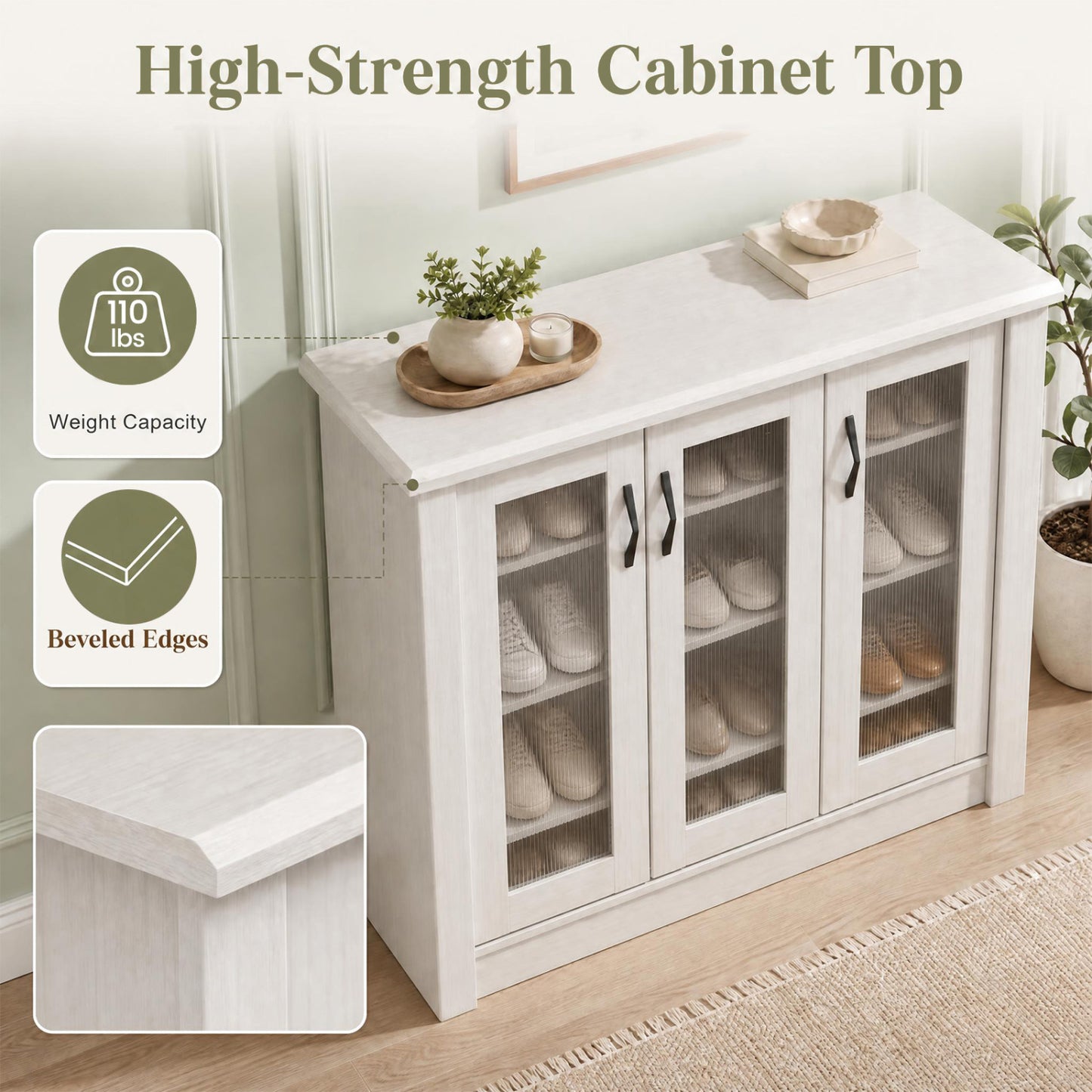 3-Door Shoe Cabinet with Removable Shelves, White