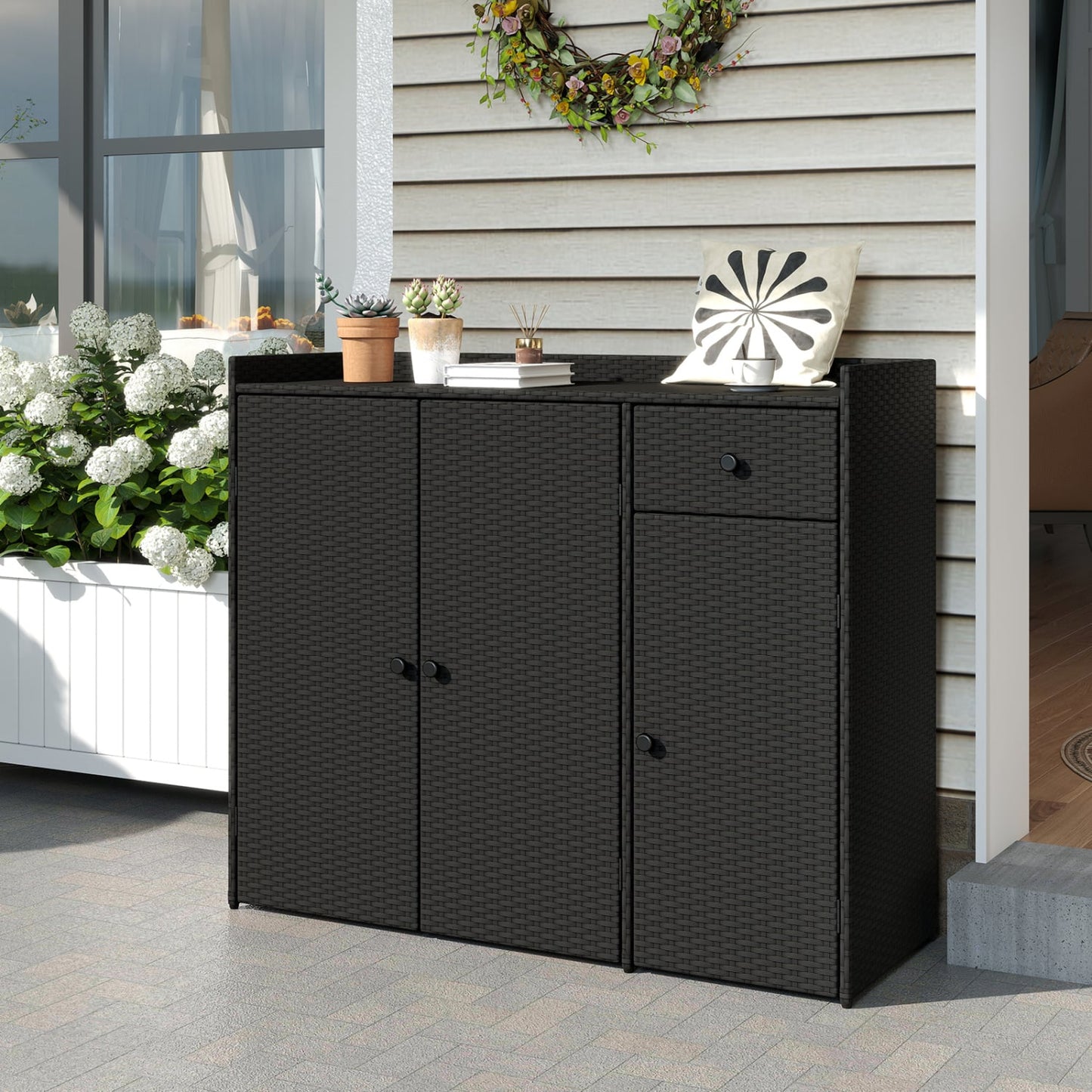 3 Door Outdoor PE Wicker Storage Cabinet