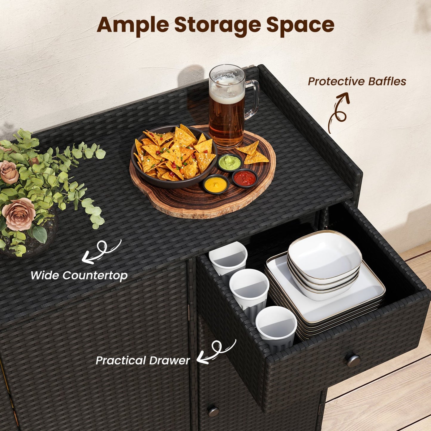 3 Door Outdoor PE Wicker Storage Cabinet