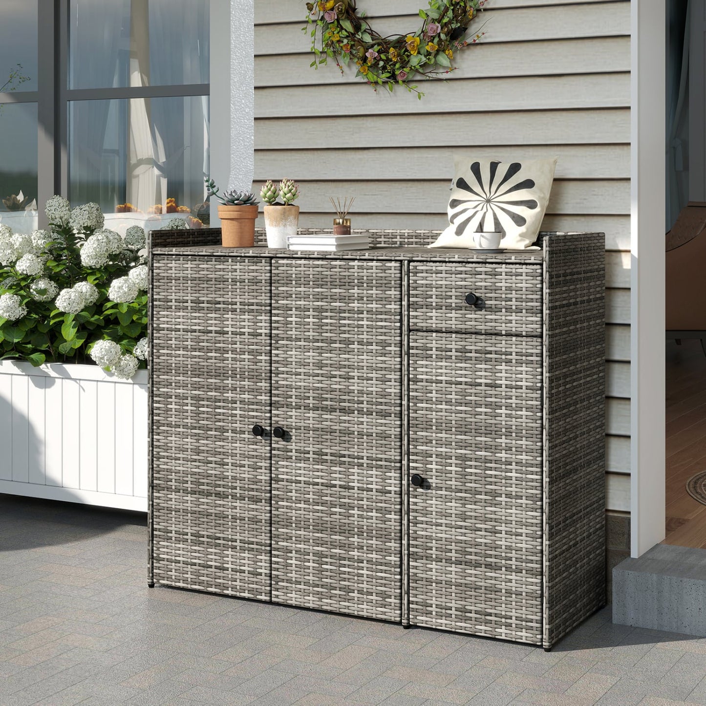 3 Door Outdoor PE Wicker Storage Cabinet