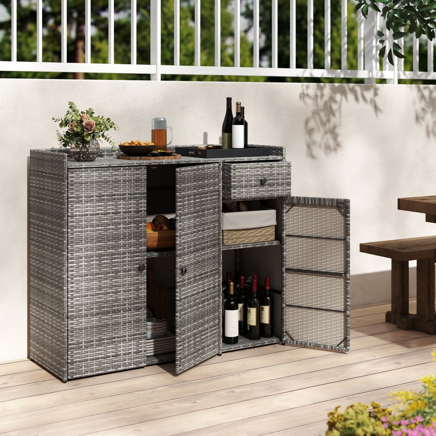 3 Door Outdoor PE Wicker Storage Cabinet