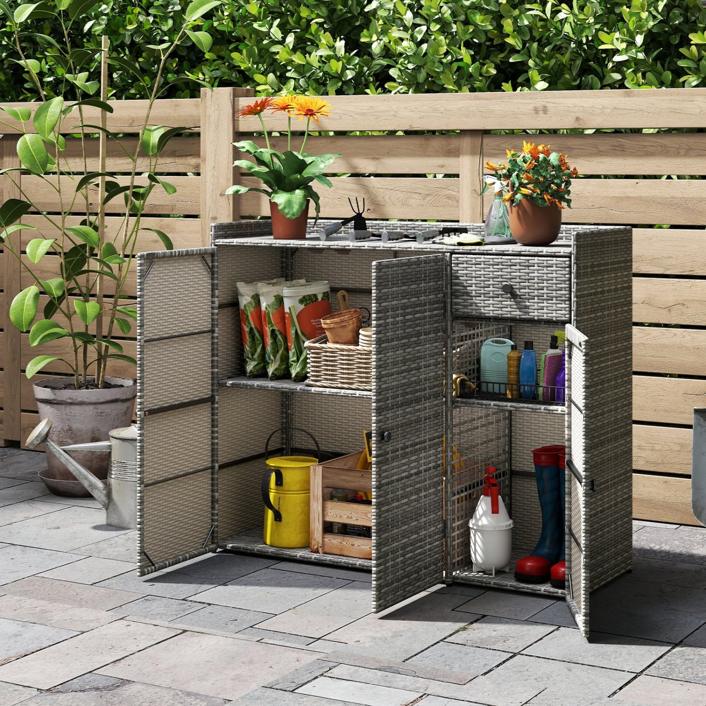 3 Door Outdoor PE Wicker Storage Cabinet
