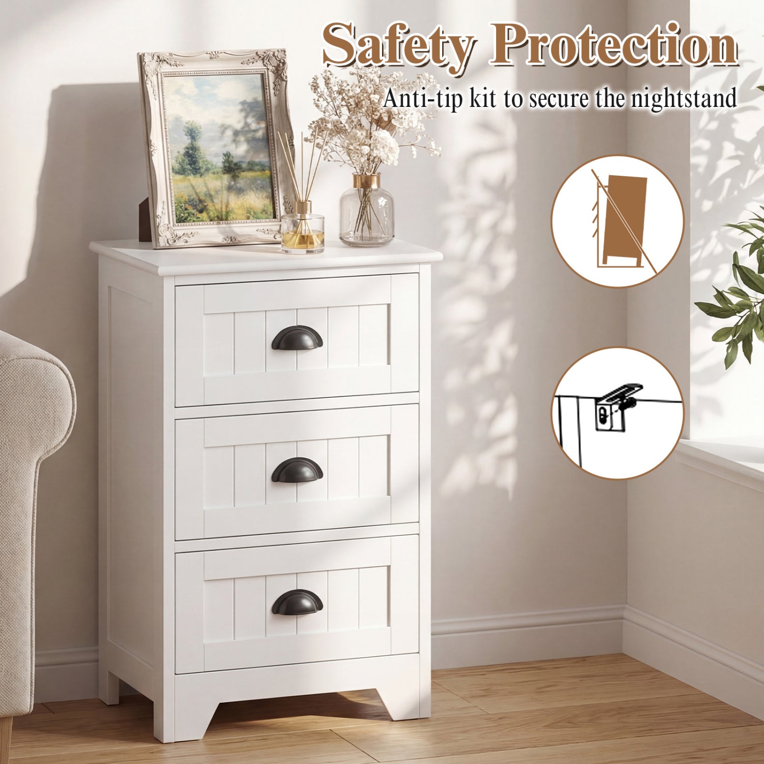 3-Drawer End Storage Wood Nightstand, White Nightstands at Gallery Canada