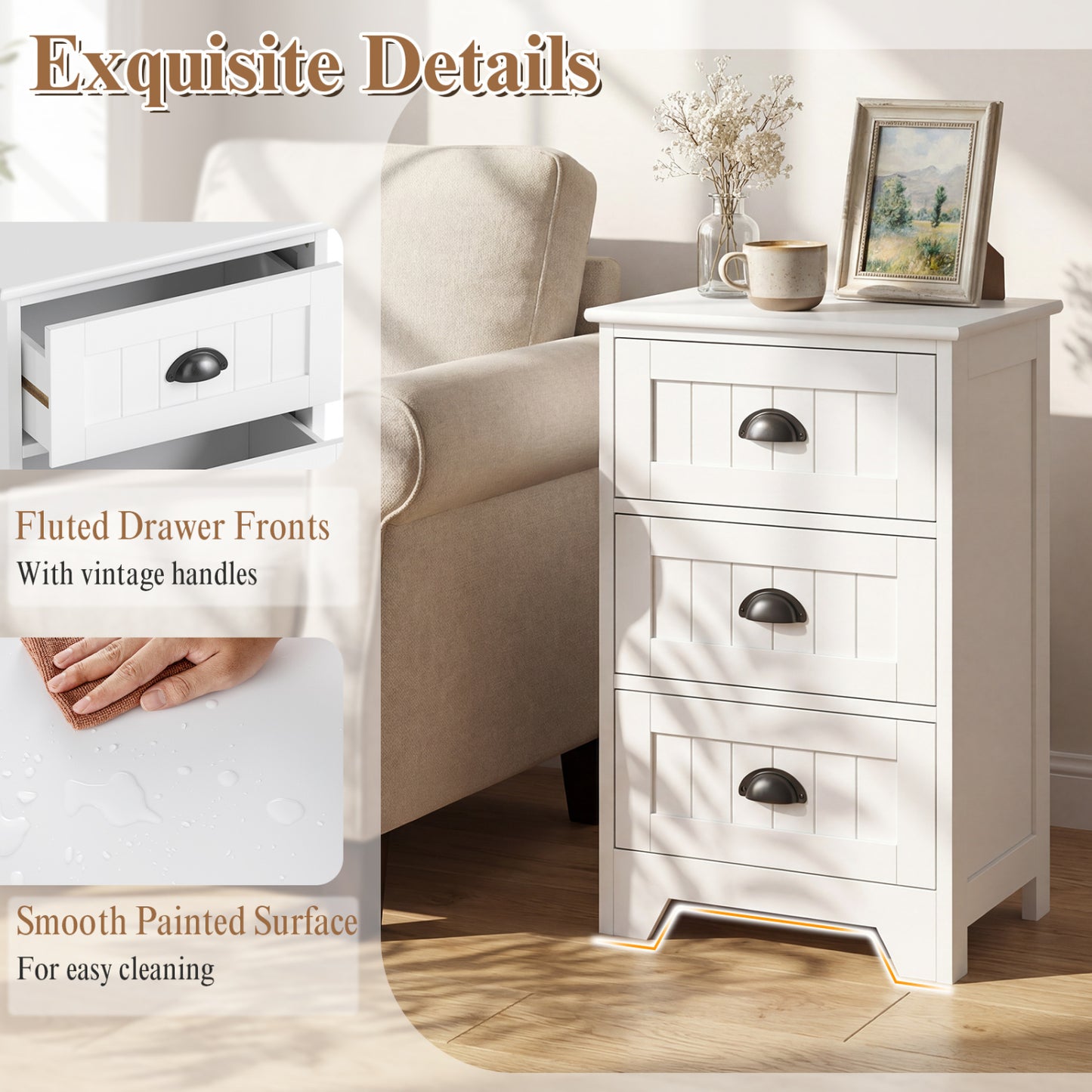 3-Drawer End Storage Wood Nightstand, White Nightstands at Gallery Canada