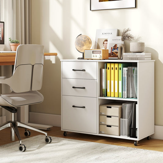3-Drawer Mobile File Cabinet With Open Shelves, White File Cabinets White at Gallery Canada