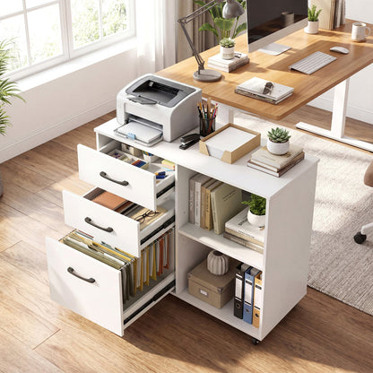 3-Drawer Mobile File Cabinet With Open Shelves, White